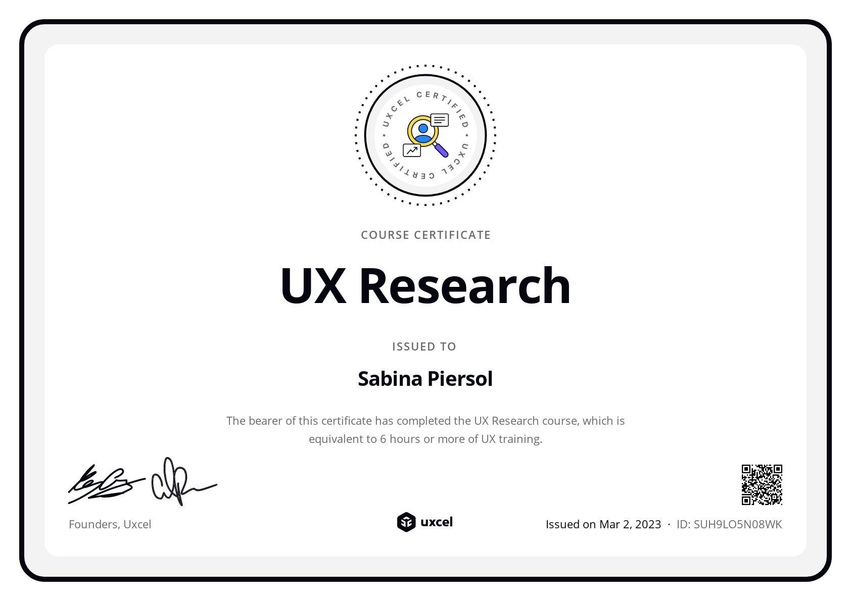Sabina Piersol's certificate